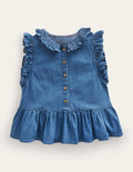 Chambray Frill Sleeve Blouse-Chambray Blue