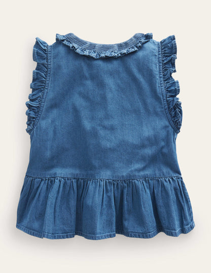 Chambray Frill Sleeve Blouse-Chambray Blue-2