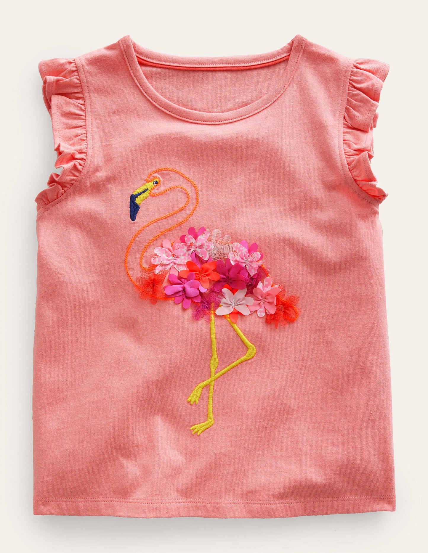 Embroidered Flutter Top-Peach Sorbet Flamingo