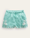 Embroidered Hem Shorts-Aqua Sea