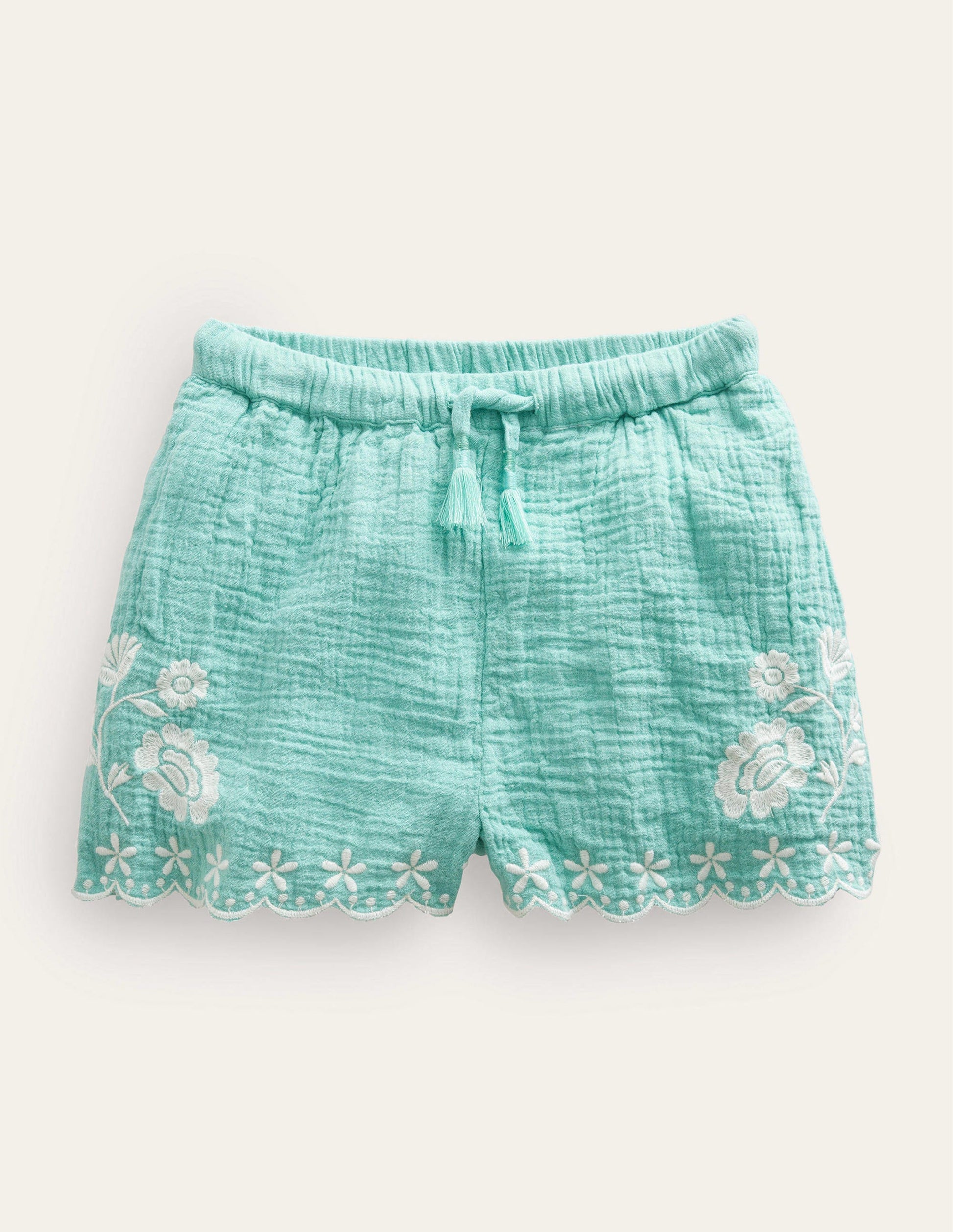 Embroidered Hem Shorts-Aqua Sea-1