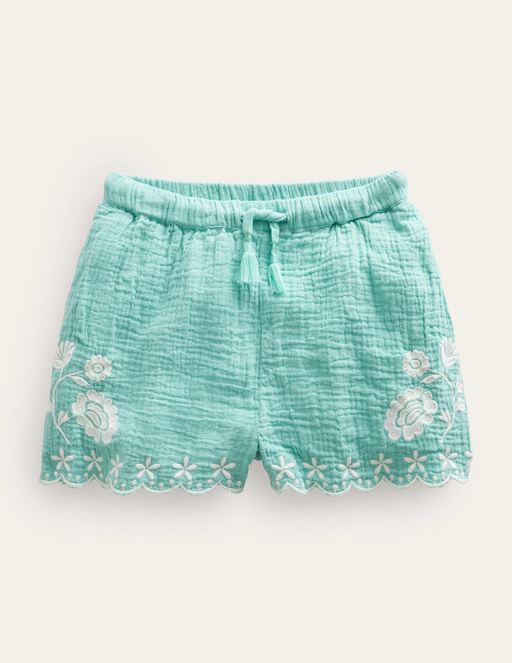 Embroidered Hem Shorts-Aqua Sea - Image 1