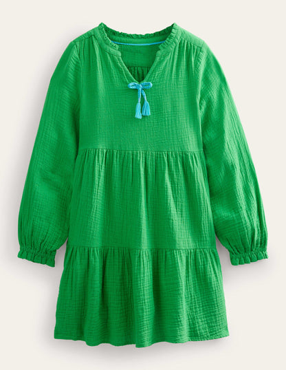 Double Cloth Tiered Dress-Bright Green-1