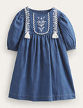 Embroidered Woven Dress-Mid Denim