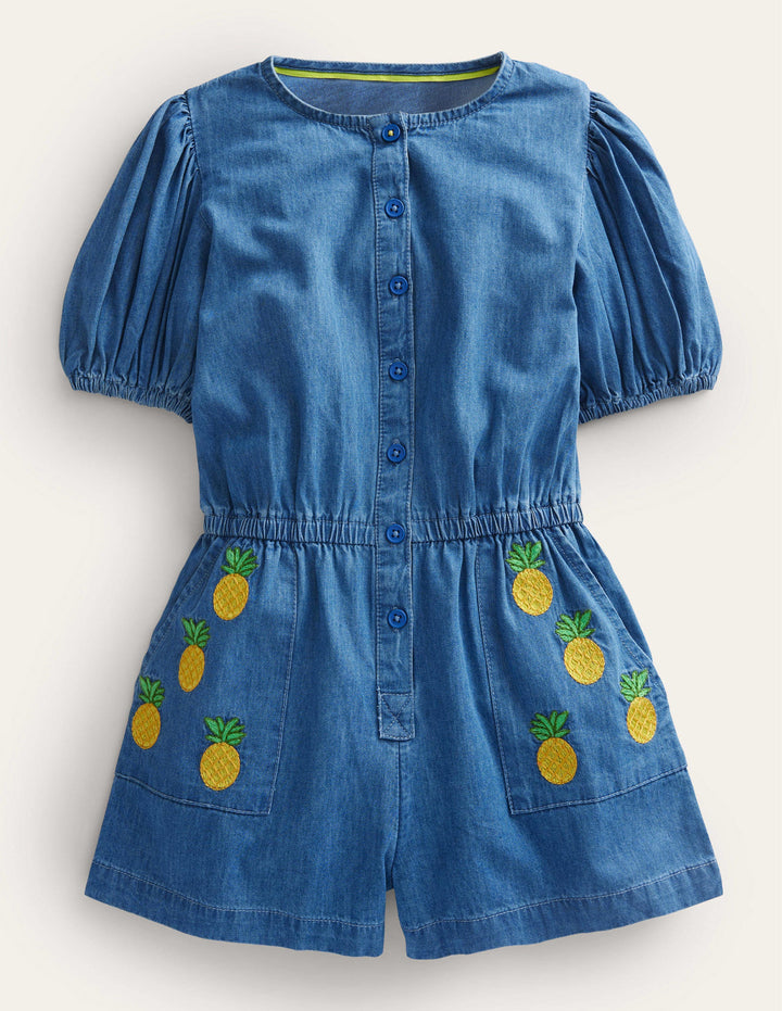 Denim Embroidered Playsuit-Mid Vintage Denim