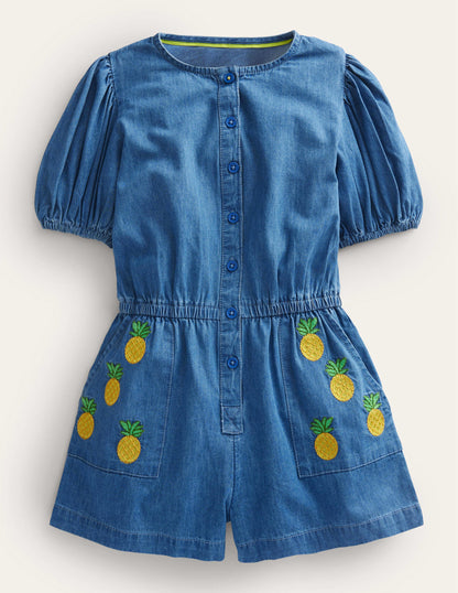 Denim Embroidered Playsuit-Mid Vintage Denim-1