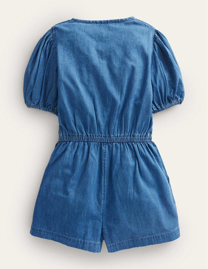 Denim Embroidered Playsuit-Mid Vintage Denim-2