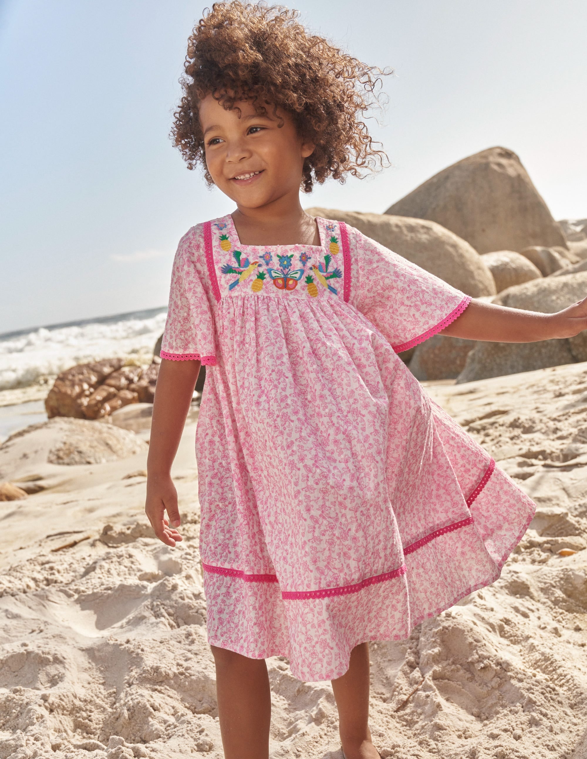 Embroidered Floaty Dress-Festival Pink Summer Vine - Image 4