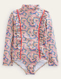 Long Sleeve Trim Swimsuit-Lupin and Peach Sorbet Paisley