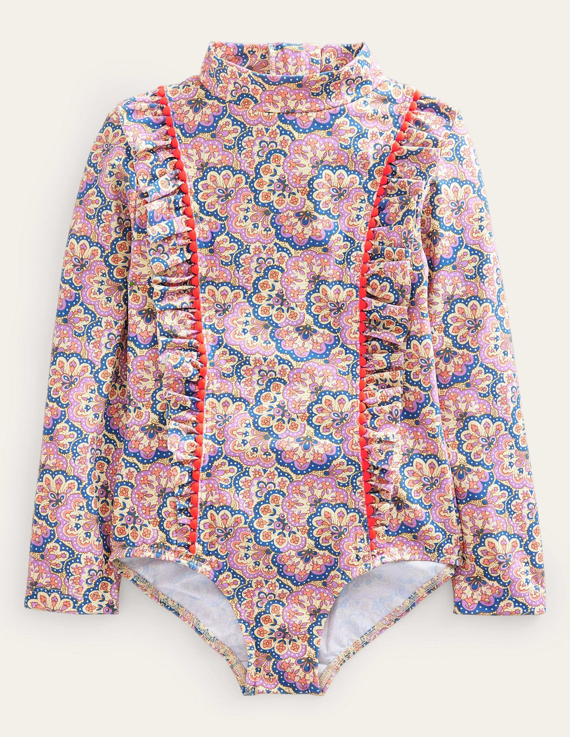 Long Sleeve Trim Swimsuit-Lupin and Peach Sorbet Paisley-1