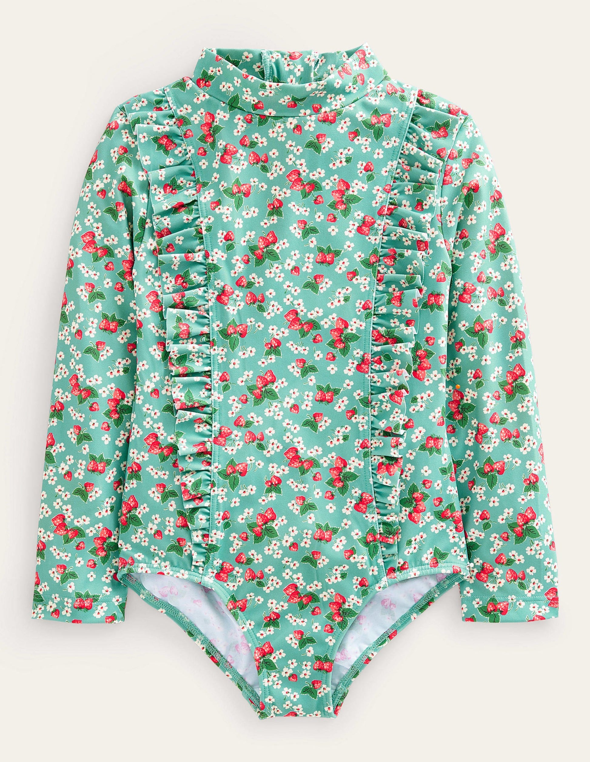 Long Sleeve Print Swimsuit-Aqua Sea Strawberry Ditsy-1