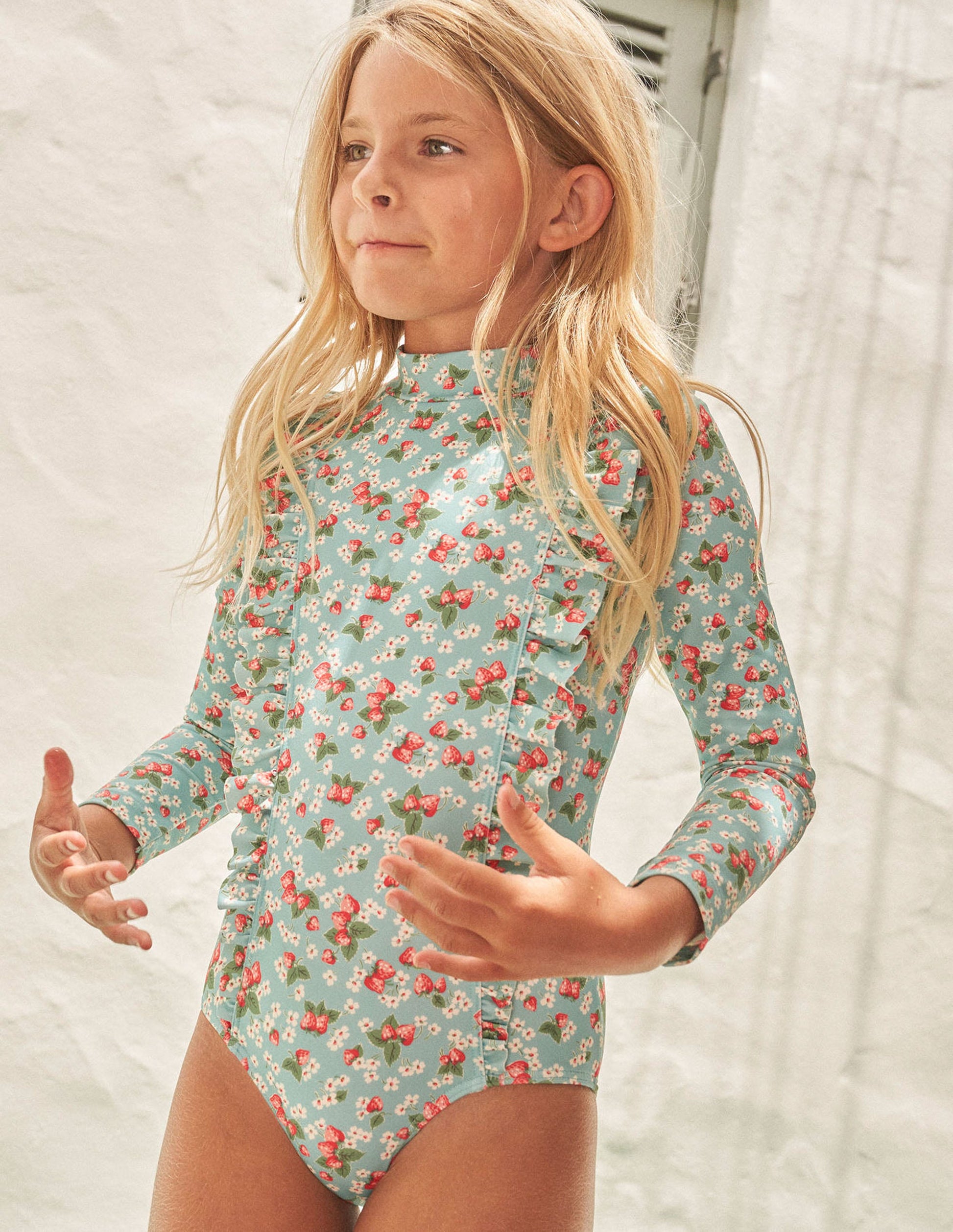 Long Sleeve Print Swimsuit-Aqua Sea Strawberry Ditsy-4
