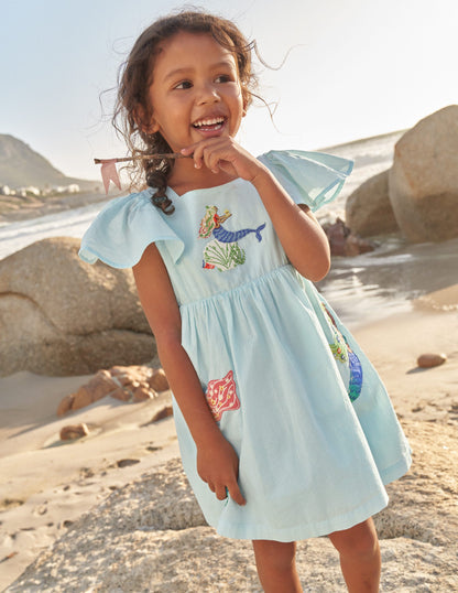 Flutter-Sleeve Appliqué Dress-Iced Aqua Mermaids-1