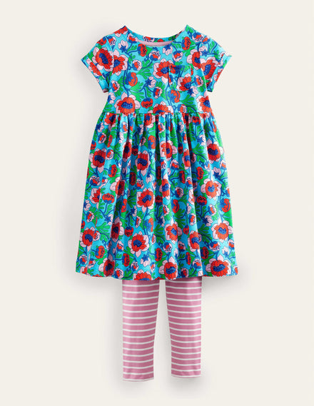 Fun Dress and Legging Set-Aqua Blue Poppies