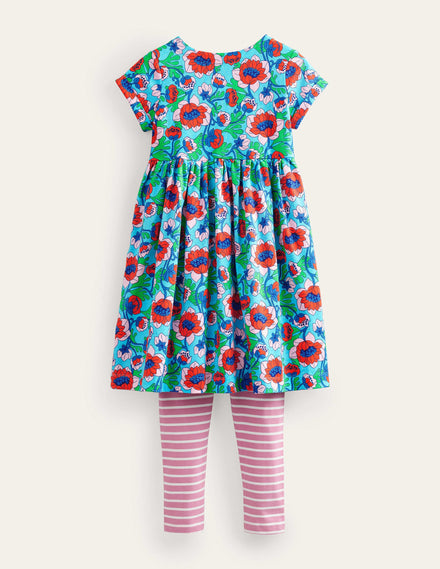 Fun Dress and Legging Set-Aqua Blue Poppies