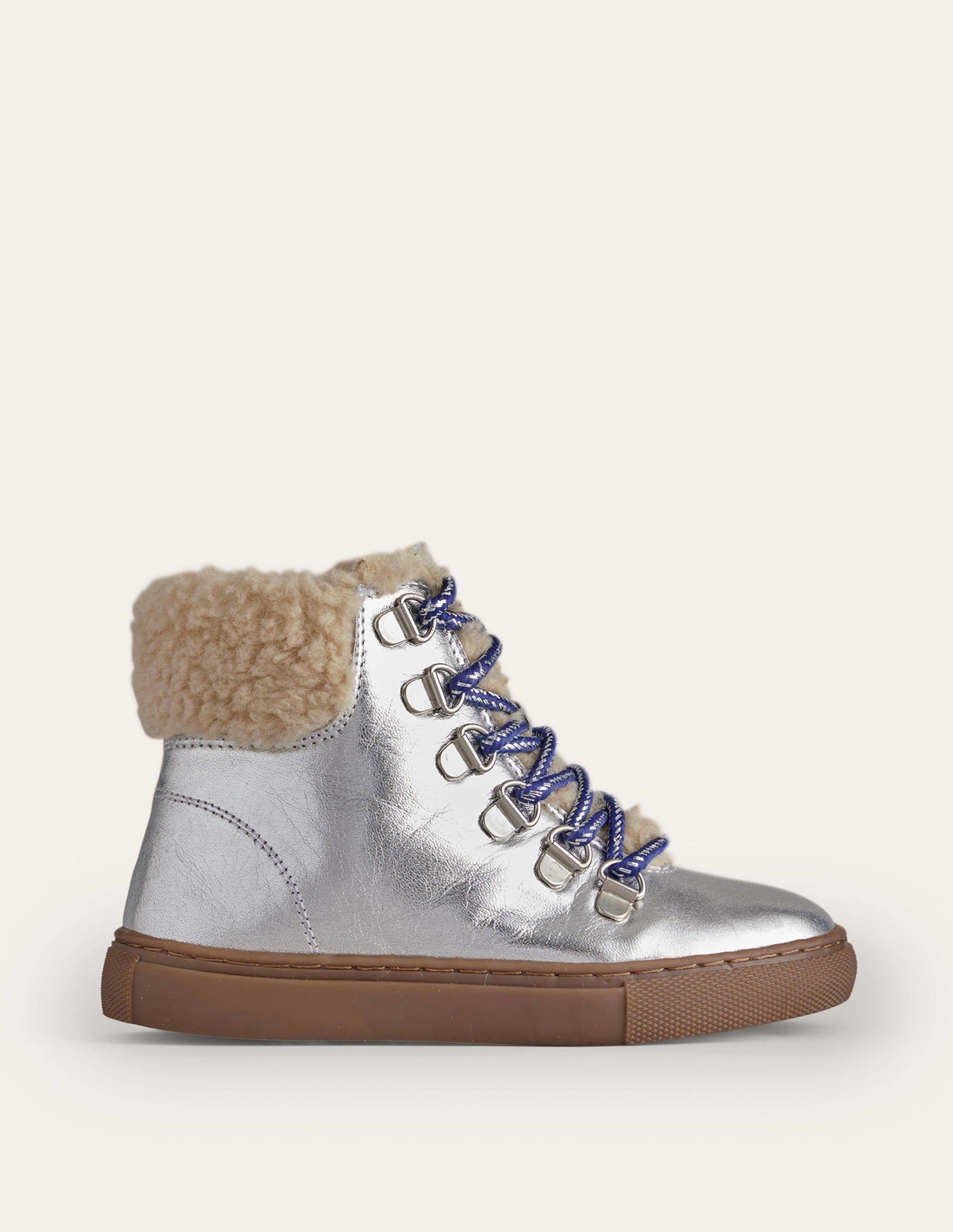 Cosy Leather Lace Up Boots-Silver Metallic - Image 1