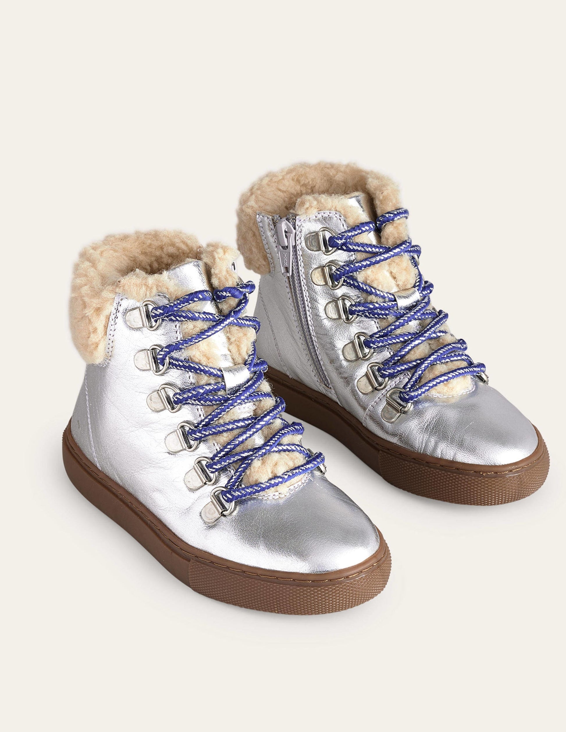 Cosy Leather Lace Up Boots-Silver Metallic-2