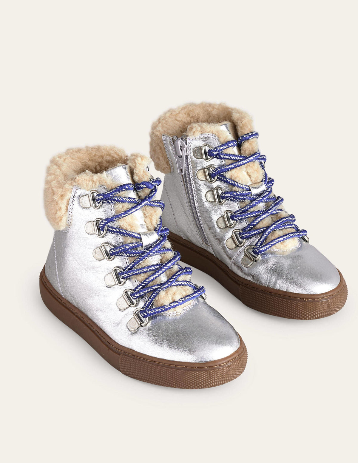 Cosy Leather Lace Up Boots-Silver Metallic - Image 2