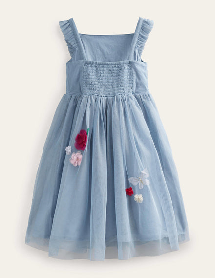 Appliqué Tulle Dress-Pebble blue