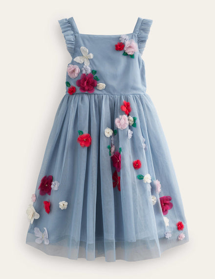 Appliqué Tulle Dress-Pebble blue