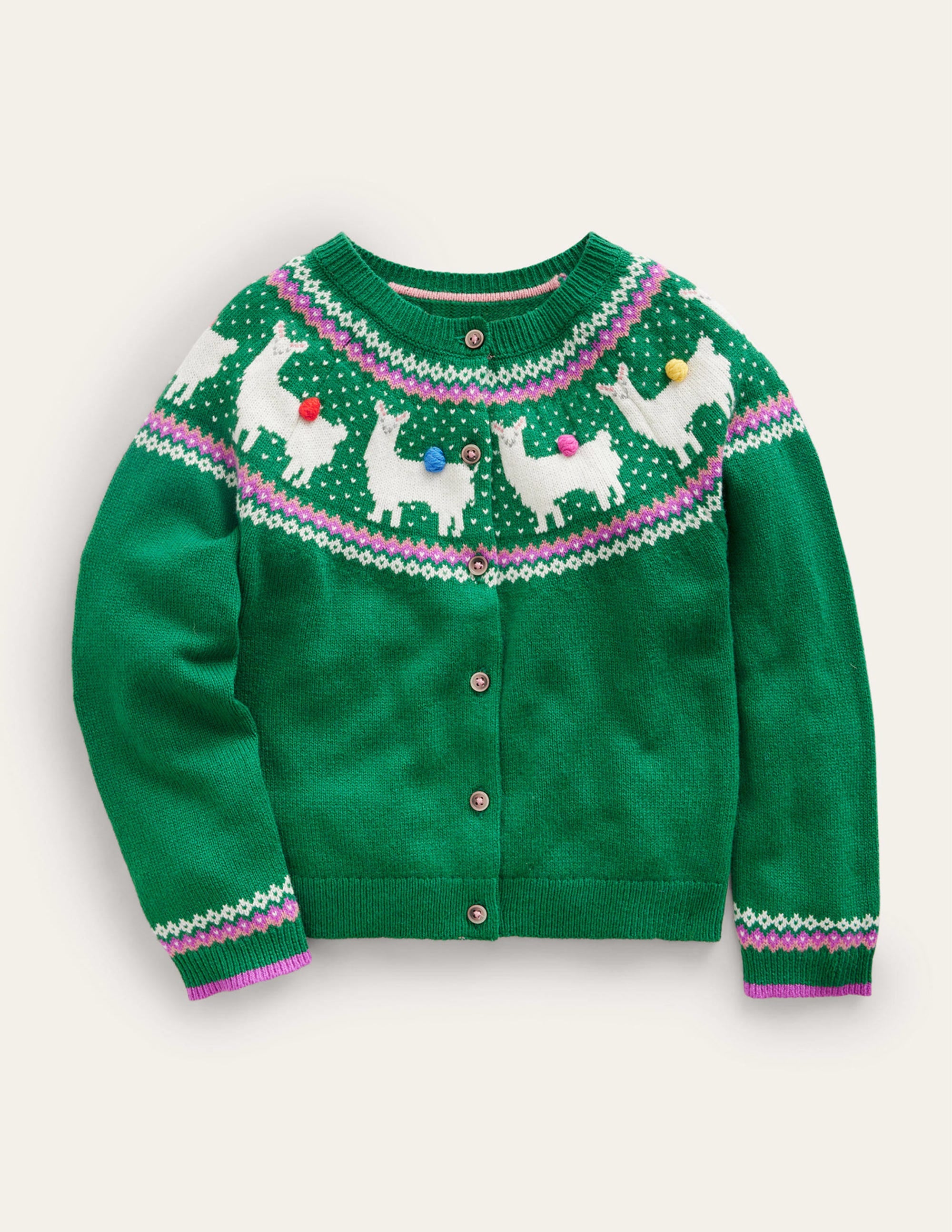 Fun Fair Isle Cardigan-Deep Green Llama - Image 1