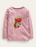Puff Sleeve Appliqué T-shirt-Almond Pink