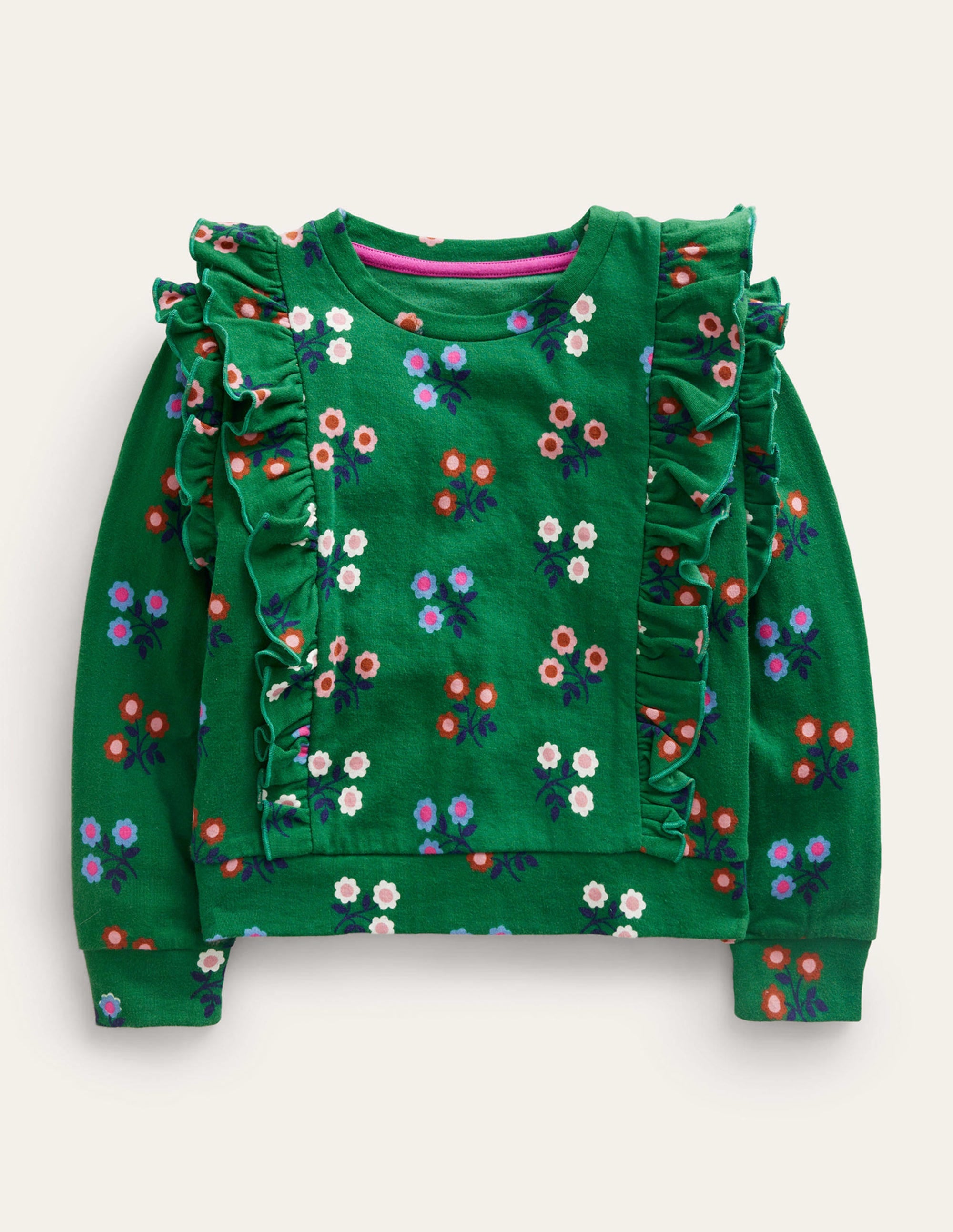 Frill Printed Sweatshirt-Green Flower - Image 1
