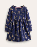 Long Sleeve Fun Jersey Dress-College Navy Foil Bunnies