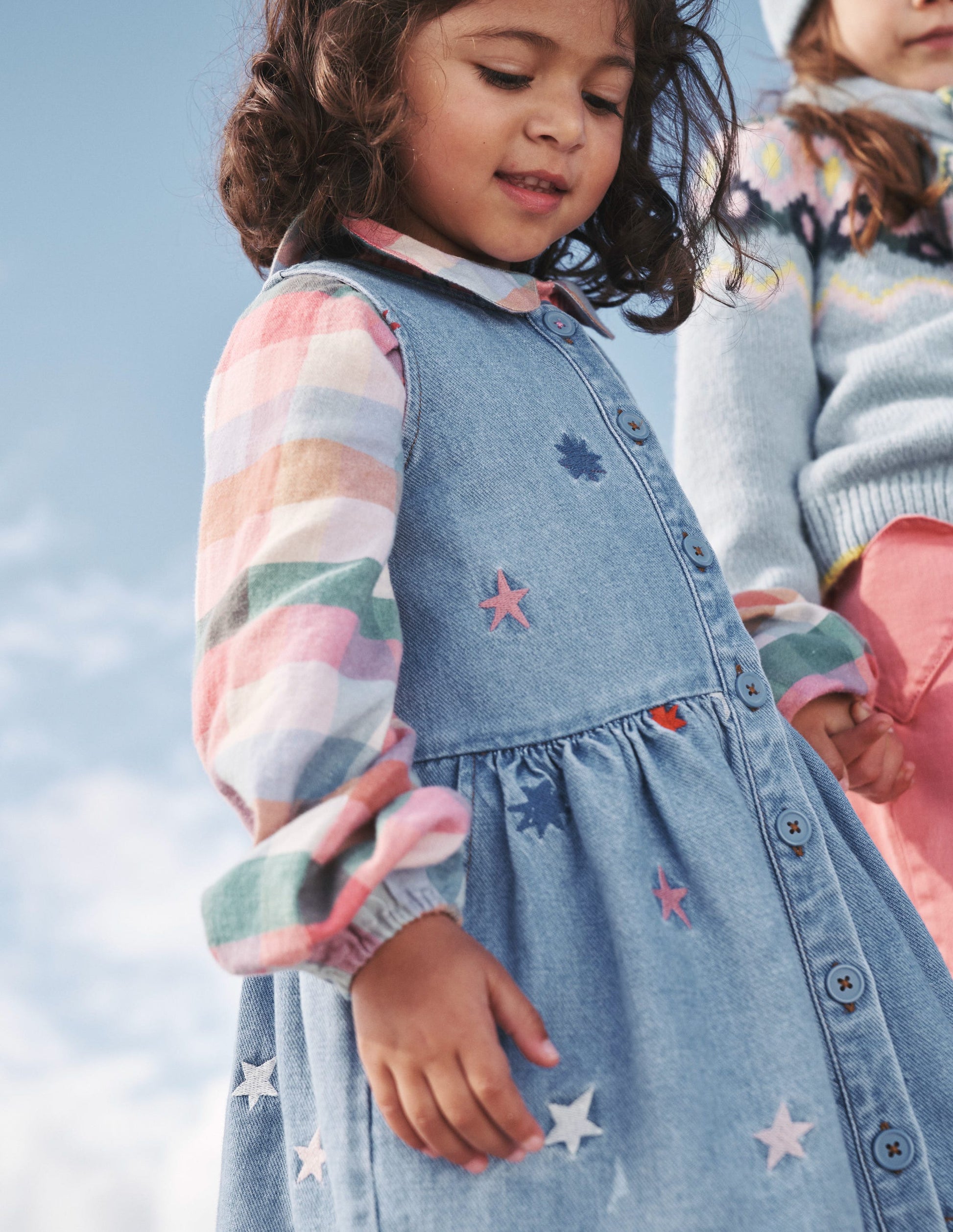 Button Pinafore Dress-Multi Star Embroidery-4