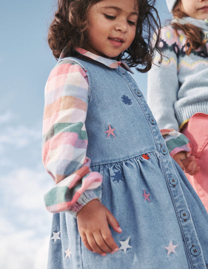 Button Pinafore Dress-Multi Star Embroidery-4