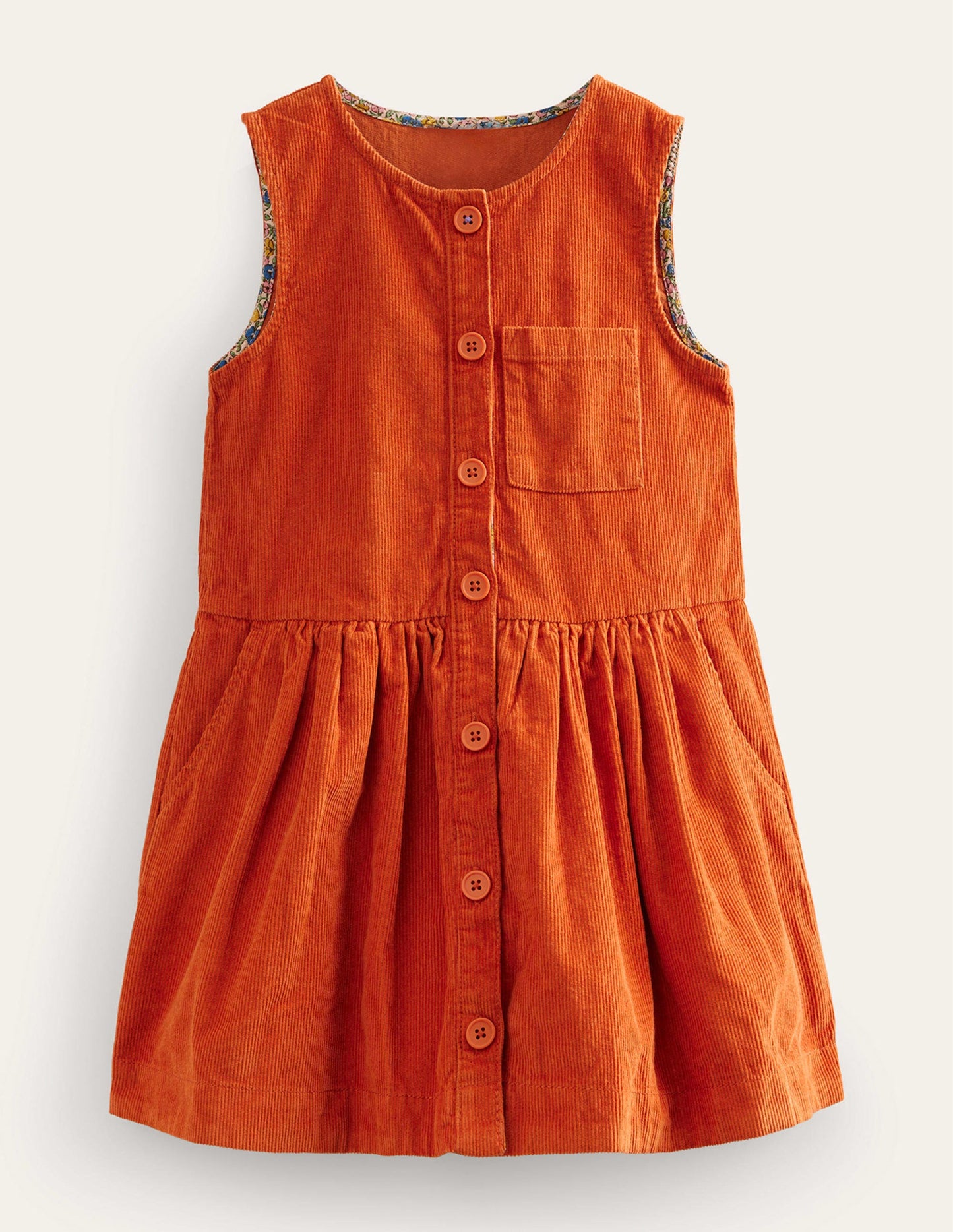 Button Pinafore Dress-Conker Orange Cord