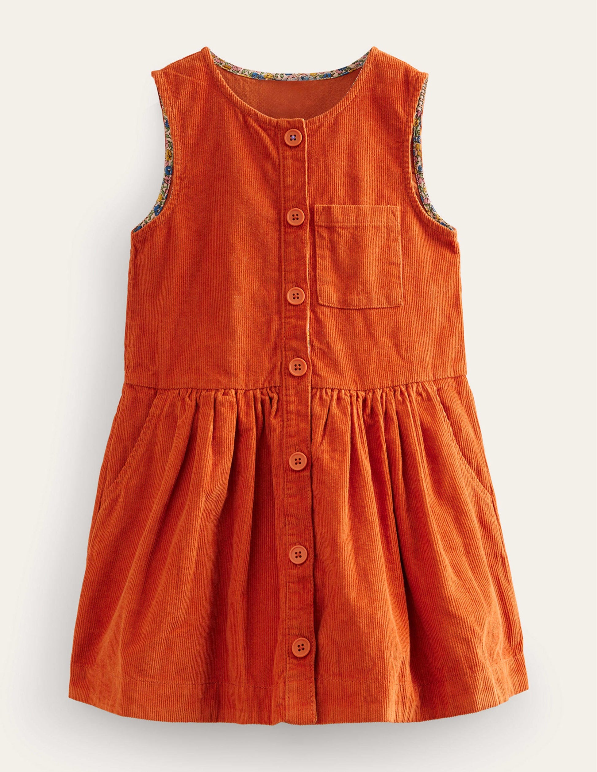 Button Pinafore Dress-Conker Orange Cord-1