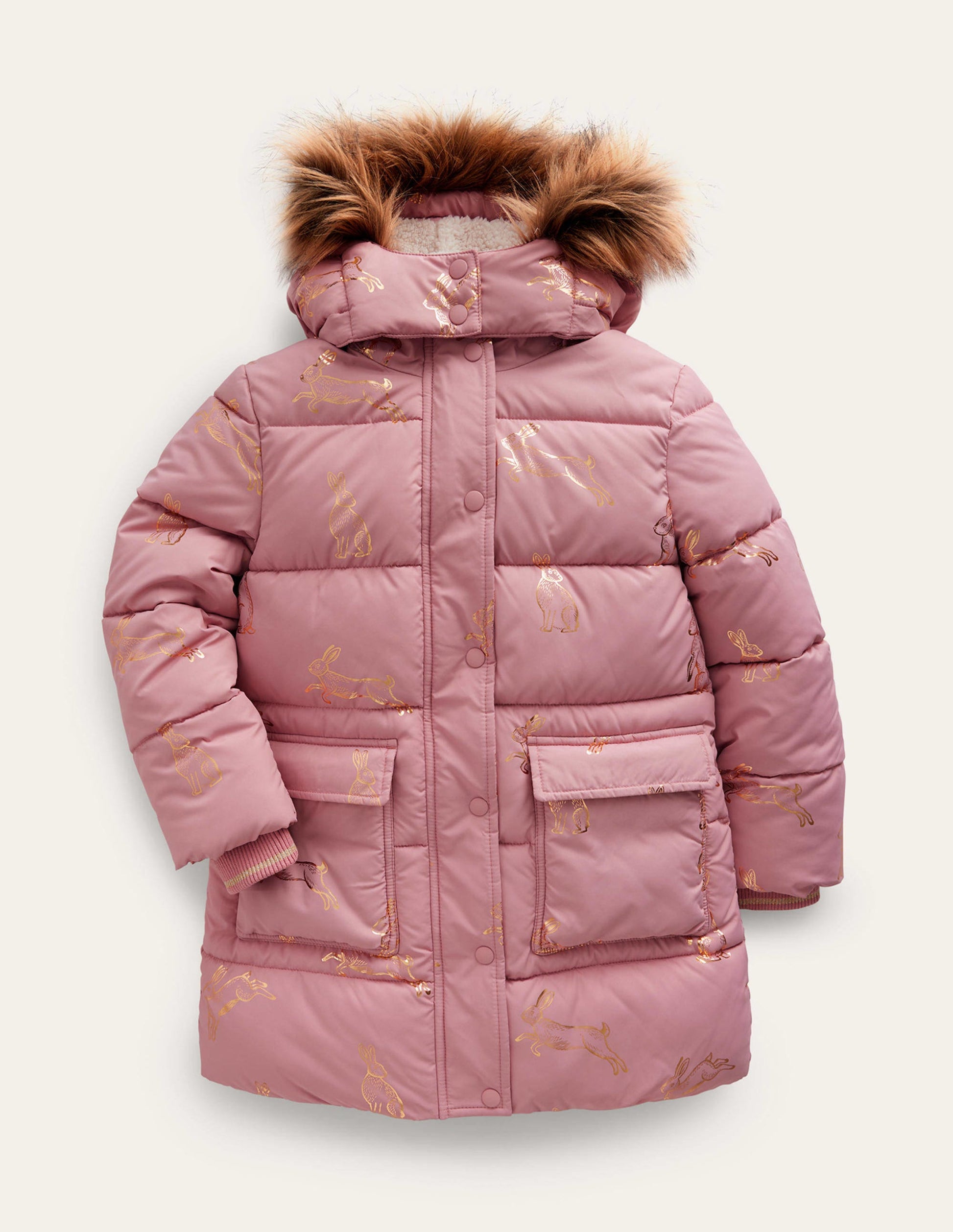 Longline Padded Coat-Almond Pink Foil Bunnies-1