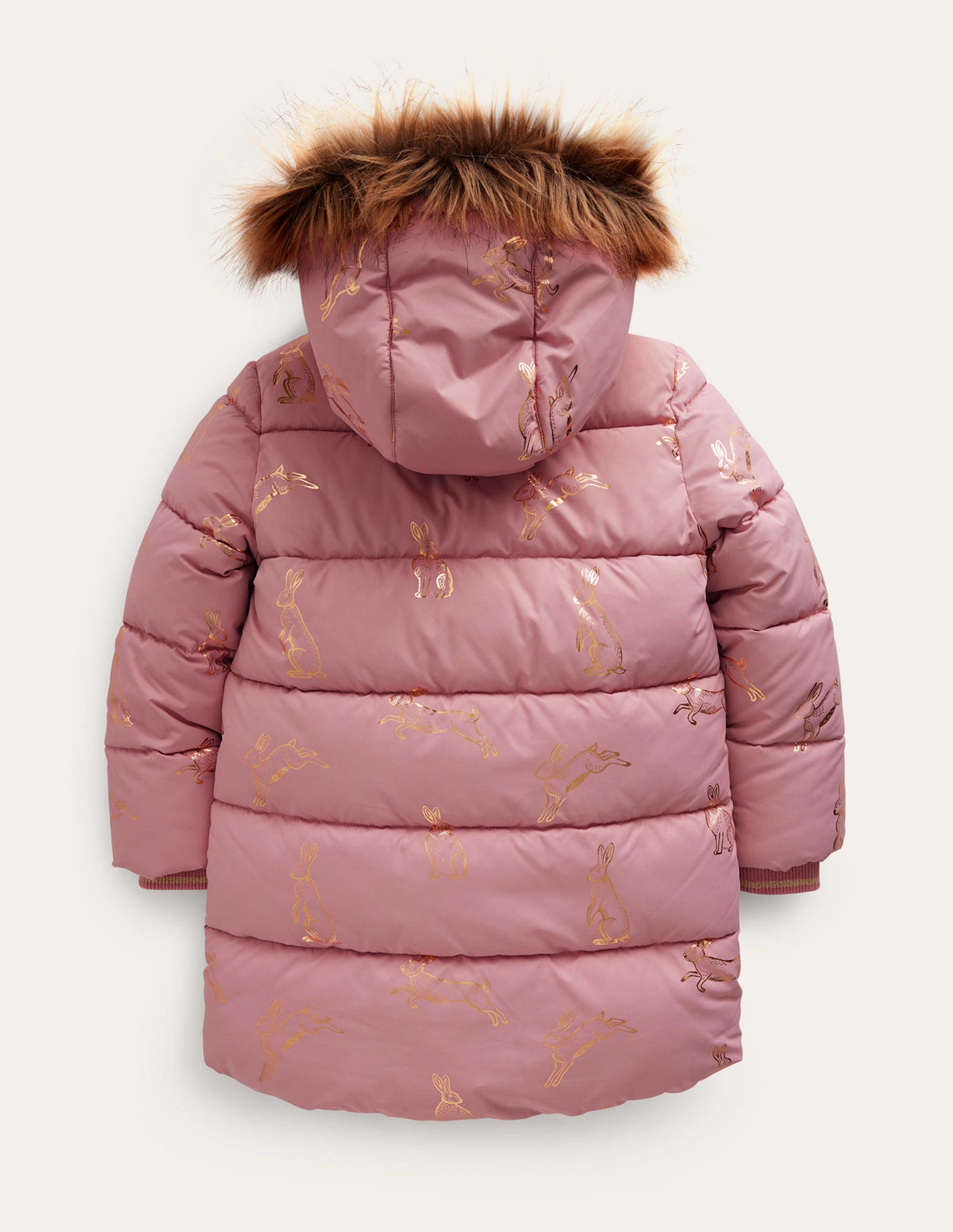 Longline Padded Coat-Almond Pink Foil Bunnies - Image 2