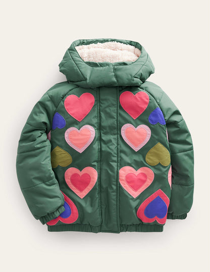 Appliqué Padded Coat-Monster Green Hearts-1