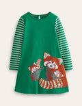 Big Appliqué Dress-Deep Green Red Pandas