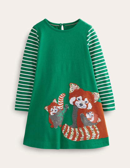 Big Appliqué Dress-Deep Green Red Pandas-1