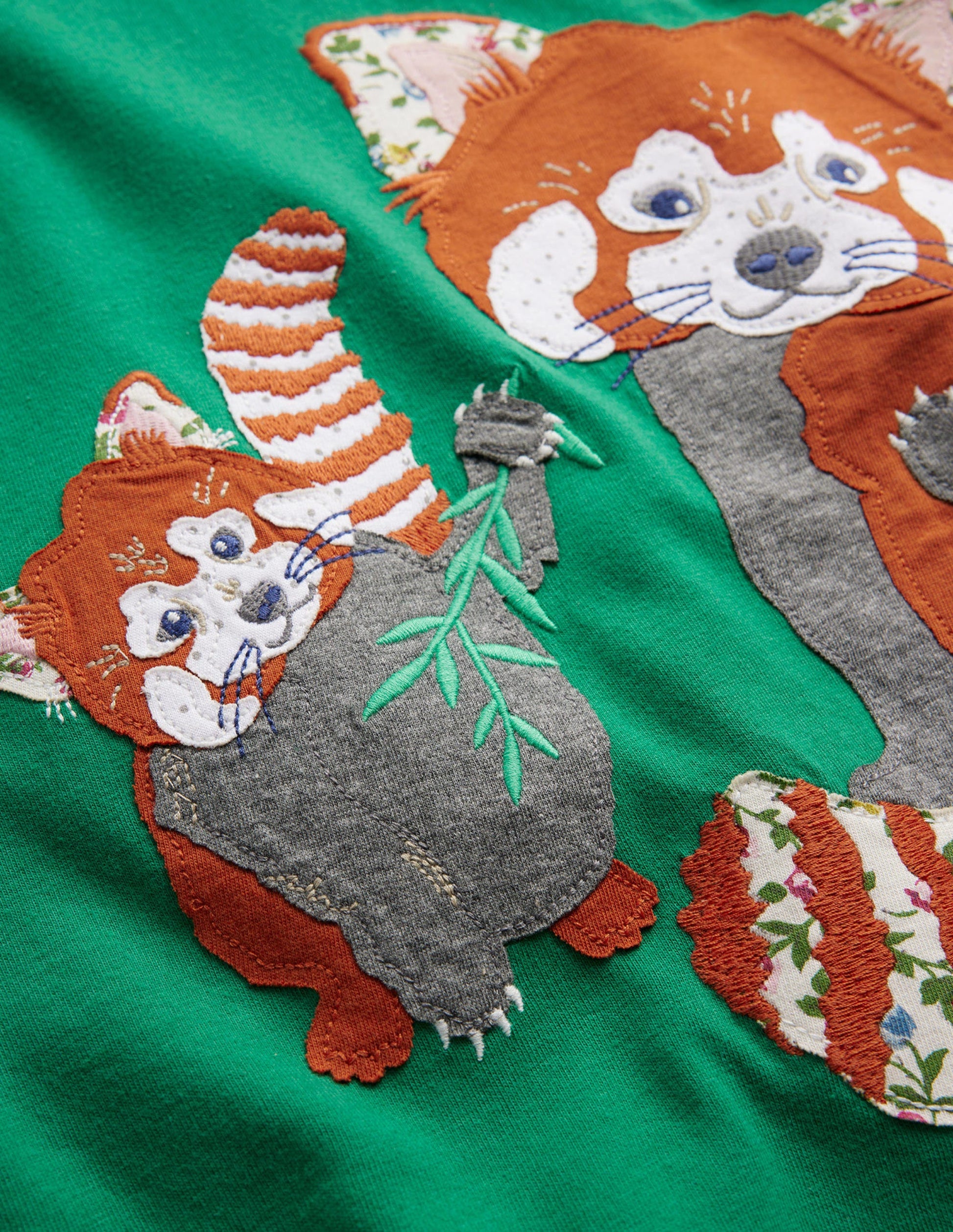 Big Appliqué Dress-Deep Green Red Pandas-3