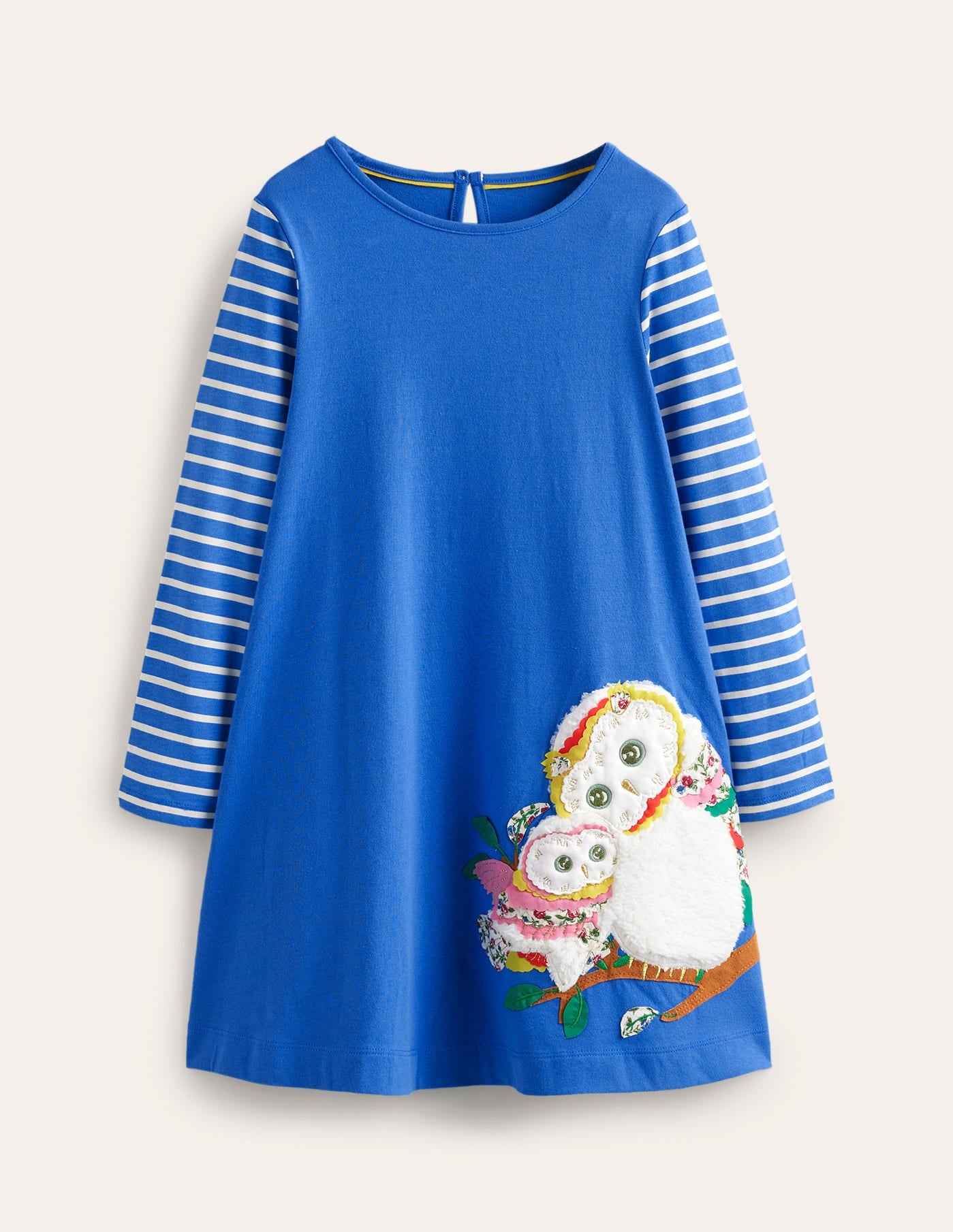 Big Appliqué Dress-Delft Blue Owls