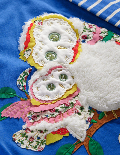 Big Appliqué Dress-Delft Blue Owls-3