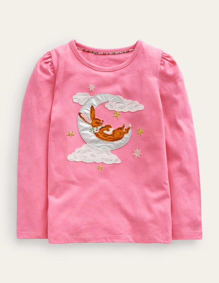Appliqué Puff-Sleeve Top-Azalea Pink Bunny on Moon
