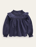 Lace Detail Jersey Top-Navy