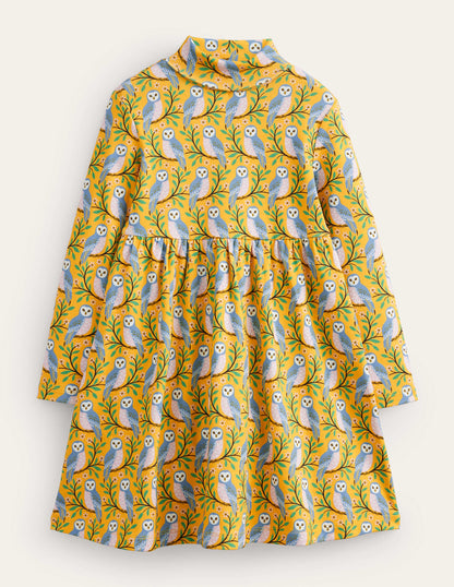 Roll Neck Jersey Dress-Oil Yellow Geo Owls-1