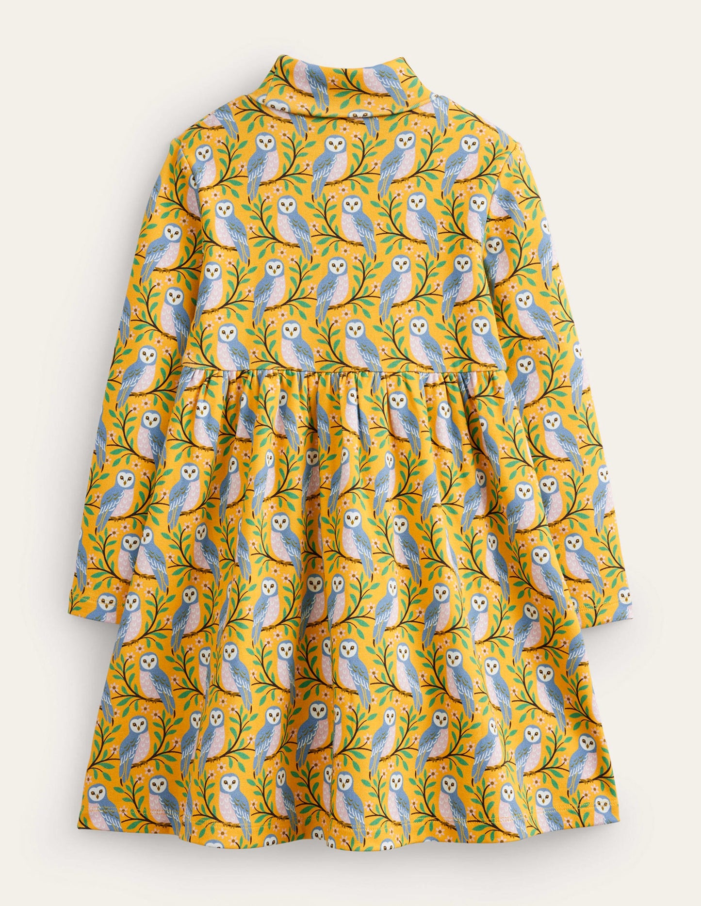 Roll Neck Jersey Dress-Oil Yellow Geo Owls
