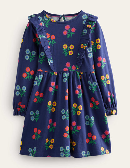 Long Sleeve Ruffle  Dress-College Navy Flower-3