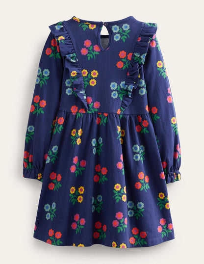 Long Sleeve Ruffle  Dress-College Navy Flower-4