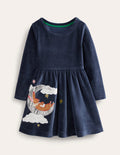 Twirly Velour Appliqué Dress-French Navy Bunny