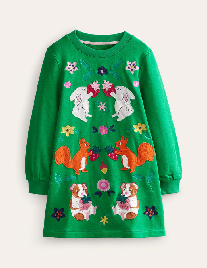Cosy Appliqué Sweatshirt Dress-Deep Green Woodland