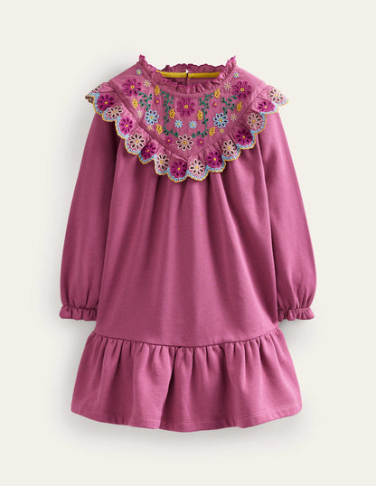 Broderie Yoke Sweatshirt Dress-Teacup Pink-1