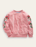 Embroidered Velour Sweat-Almond Pink Floral